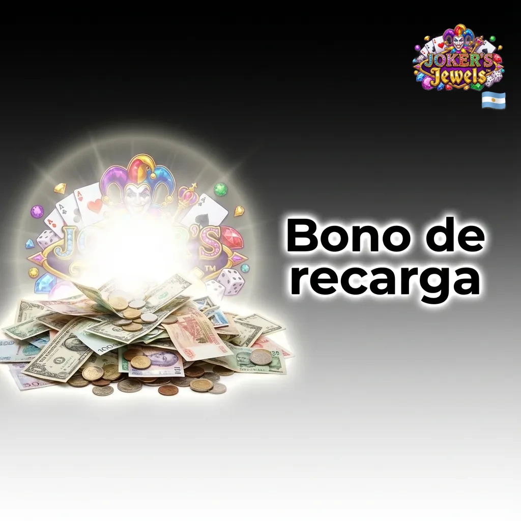 Ilustraci&oacute;n de bono de recarga para Joker's Jewels, mostrando fichas de casino, monedas y porcentaje de bonificaci&oacute;n