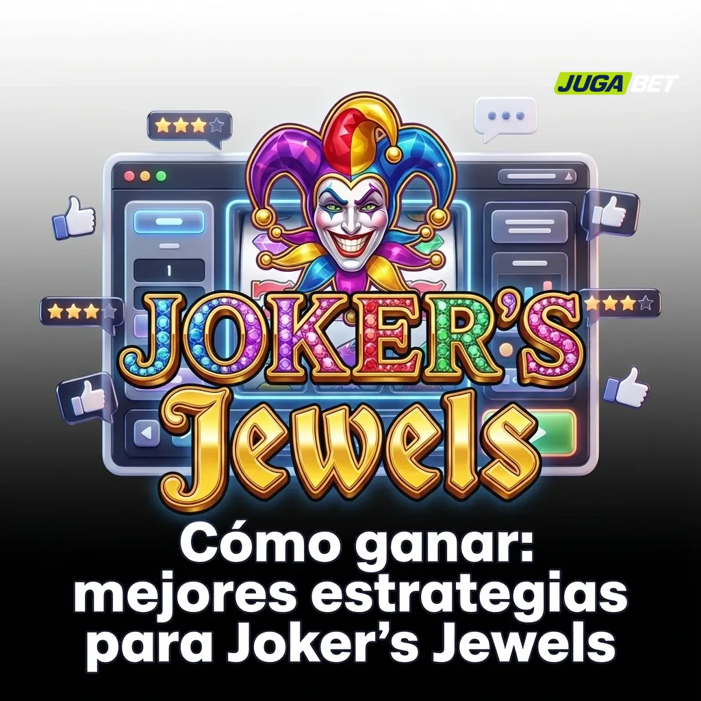 Ilustraci&oacute;n de la tragamonedas Joker's Jewels con un comod&iacute;n sonriente, joyas brillantes y fichas de casino en fondo oscuro