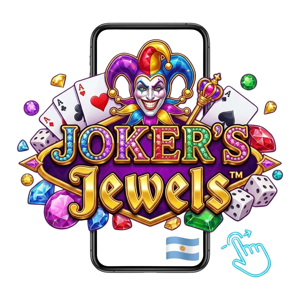 Celular mostrando la app Joker's Jewels 2025 abierta, con &iacute;conos brillantes y texto &ldquo;Descargar en Android y iOS&rdquo;.