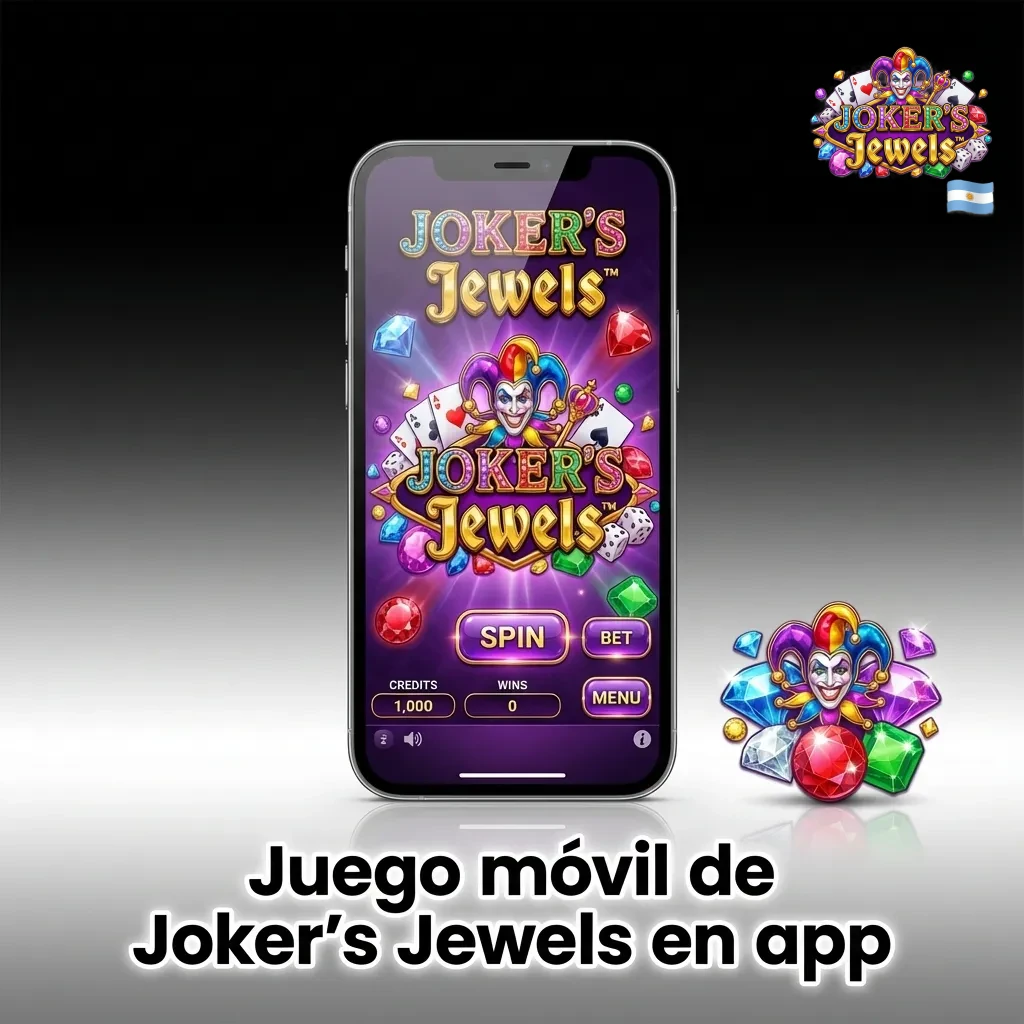 Tel&eacute;fono m&oacute;vil mostrando el juego Joker's Jewels en una app de casino, con &iacute;conos brillantes y pantalla t&aacute;ctil en uso