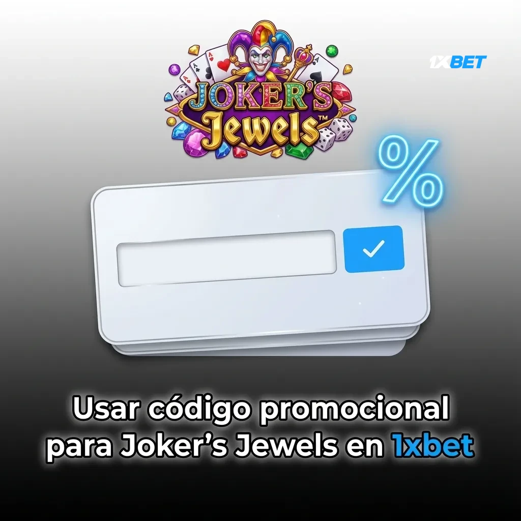 Pantalla de 1xBet mostrando campo para ingresar c&oacute;digo promocional JEWELS2024 aplicado al slot Joker&rsquo;s Jewels
